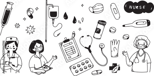 Medical & Healthcare Icons Doodle Set – Hospital Equipment, Pills, Syringe, Stethoscope, Minimal Hand-Drawn Health Vectors