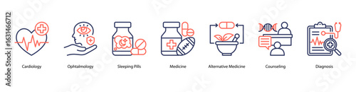 Health Insight web banner icon vector illustration featuring Cardiology, Ophtalmology, Sleeping Pills, Medicine, Alternative Medicine, Counseling, and Diagnosis.