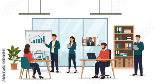 Modern office team collaborating on a project, incorporating video conferencing and a presentation.