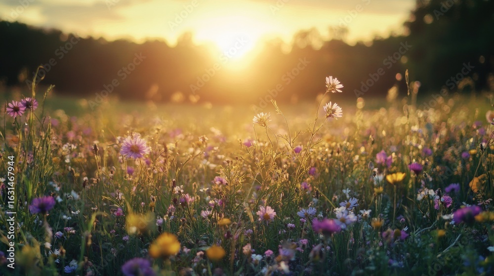 Fototapeta premium Colorful wildflowers in a meadow at sunset.