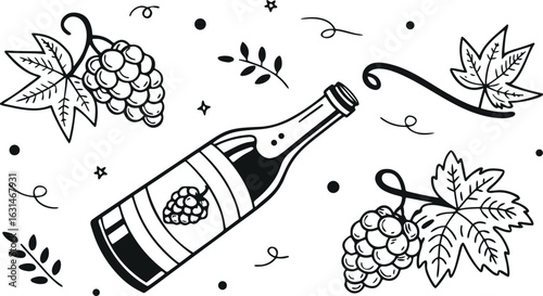 Wine Bottle and Grapes Vector Illustration – Wine, Beverage, Drink, Alcohol, Vineyard, Celebration, Party, Red Wine, Grapes, Glass, Tasting, Bar, Graphic, Illustration, Minimal, Elegant, Vintage, Deco
