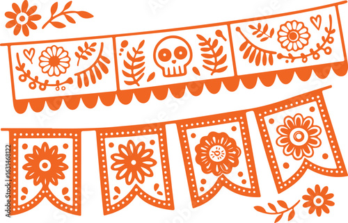 Orange Papel Picado Banner Vector – Mexican, Festival, Decoration, Party, Fiesta, Celebration, Traditional, Culture, Pattern, Paper, Cutout, Craft, Folk, Graphic, Bright, Ornament, Minimal, Illustrati