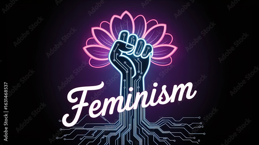 Naklejka premium Feminism and Empowerment: A digital artwork symbolizing feminism with a raised fist intertwined with a lotus flower against a backdrop of vibrant colors, representing the strength, resilience.