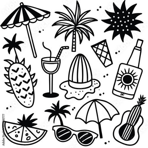 Summer vacation icons with tropical drinks and beach items