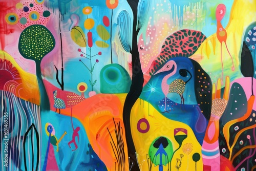Vivid Enchanted Forest Landscape Painting with Mystical Creatures Whimsical Figures and Vibrant Colors in Contemporary