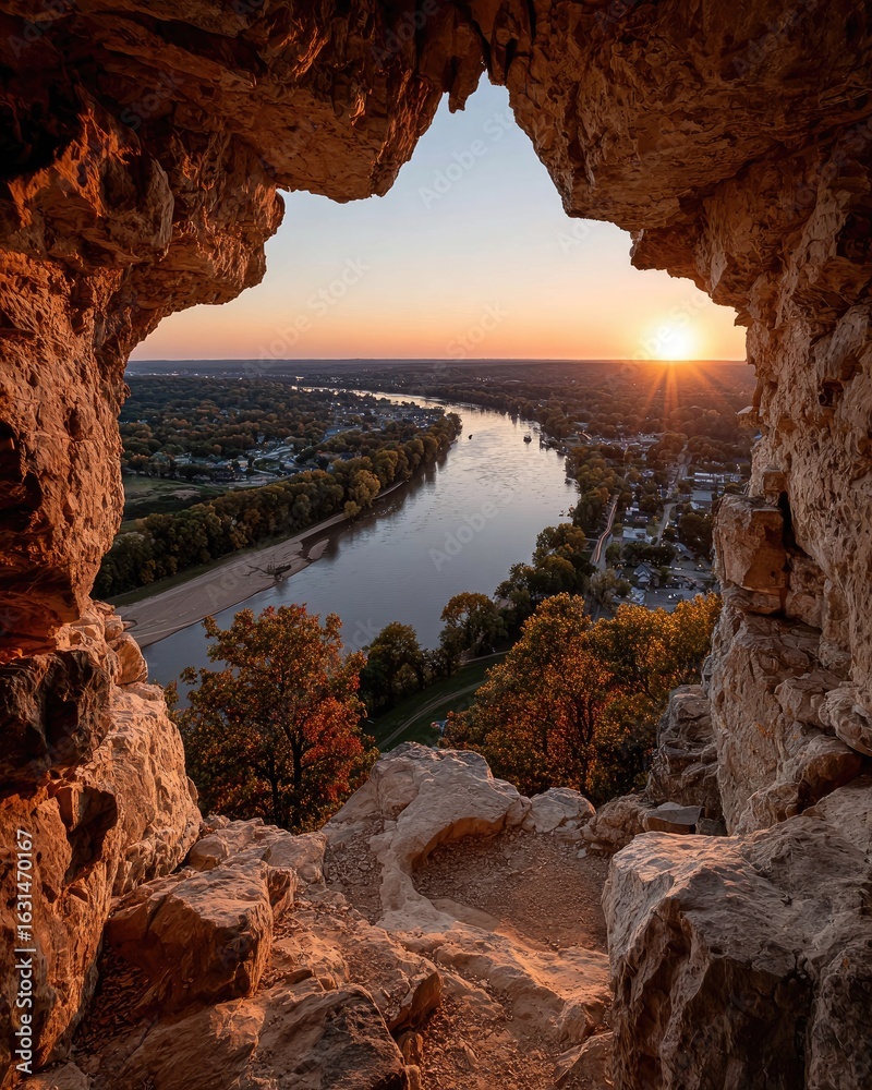 Fototapeta premium Sunset view through cave opening overlooking river valley