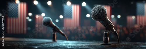 Microphones positioned on a stage in front of American flags during a public speaking event at night