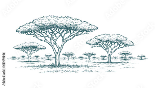 African Savannah Landscape with Acacia Trees, Hand Drawn Illustration, Nature Scene, Grassy Field, Vector Illustration.