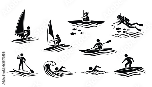 Black and White Water Sports Stick Figures Icons Set Vector Illustration