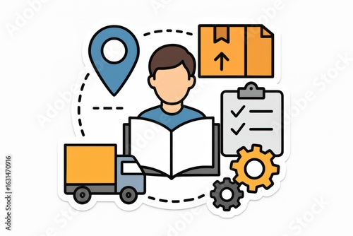 Person analyzing logistics data with checklist in hand surrounded by delivery truck gear icons and location pin symbolizing efficient transport management and operational excellence