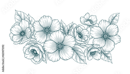 Botanical Floral Illustration with Line Art Flowers and Leaves. Teal Color Flower Bouquet. Hand Drawn Vector Illustration