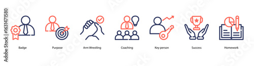 Success Plan web banner icon vector illustration featuring Badge, Purpose, Arm Wrestling, Coaching, Key Person, Success, and Homework.