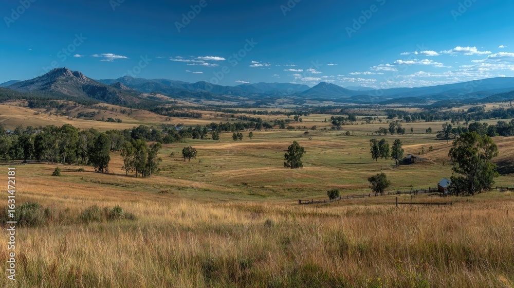 Fototapeta premium Panoramic view of a vast, dry grassland valley, nestled between distant mountain ranges under a clear blue sky