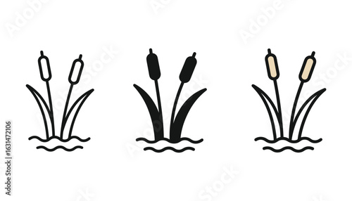Cattail Icon Set, Reedmace Silhouette, Outline Style, Water Plant, Vector Illustration
