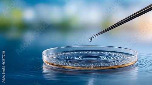 Close-Up of Drop Falling from Pipette into Petri Dish with Water Surface Ripples