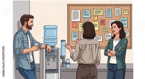 Three office colleagues conversing near a water cooler and bulletin board.