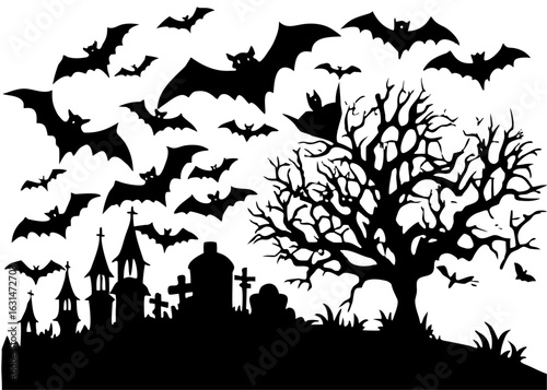  Bat-Filled Sky over Graveyard Silhouette