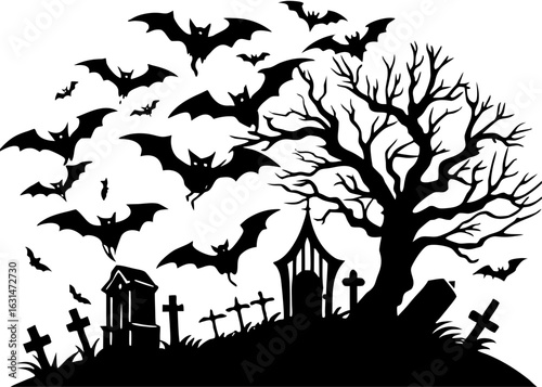  Bat-Filled Sky over Graveyard Silhouette