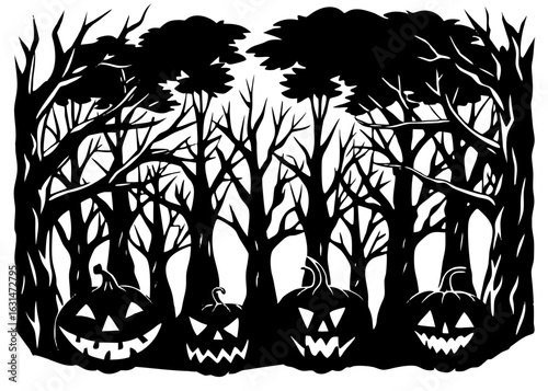 Forest with Glowing Jack-o'-lanterns Silhouette