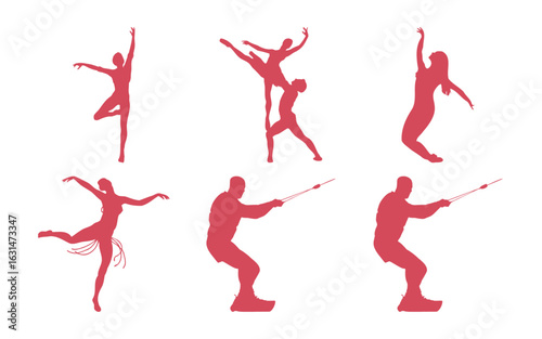 Collection of ballet dancers and fencers in dynamic poses, isolated on white background