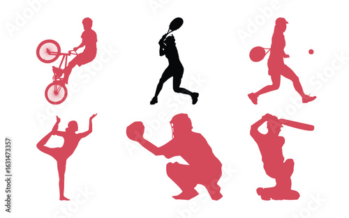 Set of sports and fitness silhouettes including yoga, bmx biking, baseball, and more, isolated on white background
