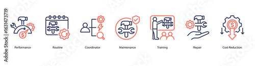Performance Plan web banner icon vector illustration featuring Performance, Routine, Coordinator, Maintenance, Training, Repair, and Cost Reduction.