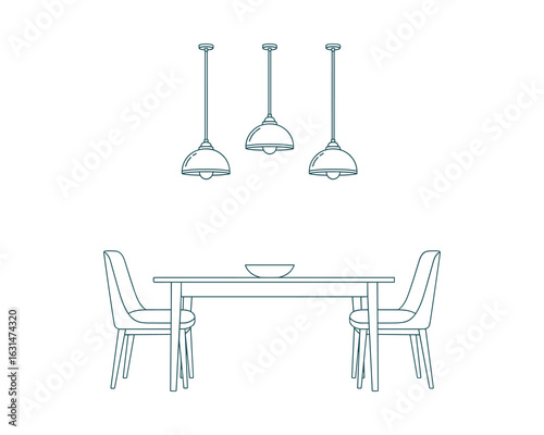 Dining Room Interior with Table Chairs and Pendant Lights Vector Illustration