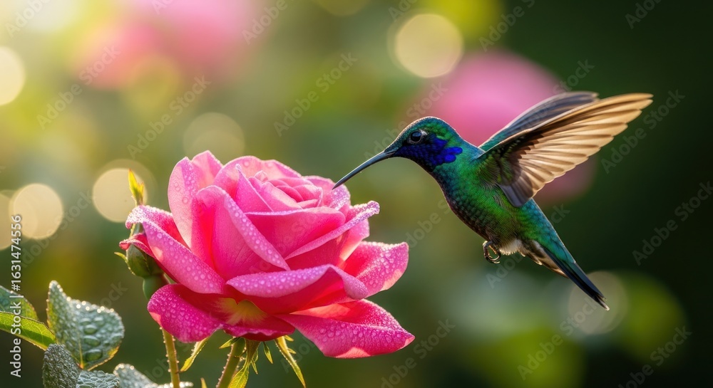 Naklejka premium Hummingbird drinking from pink rose, wings spread, bokeh light background