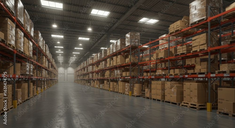 Spacious warehouse interior showcasing organized shelves stacked high with cardboard boxes for efficient distribution and storage solutions Spacious warehouse interior showcasing organized shelves stacked high with cardboard boxes for efficient distribution and storage solutions
