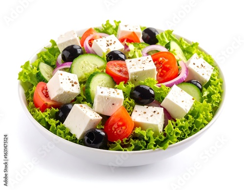 Fresh salad with cheese cubes, olives, tomatoes, cucumbers, and lettuce in a bowl