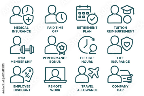 Employee Benefits Vector Illustration Set with Medical Insurance and Paid Time Off Icons
