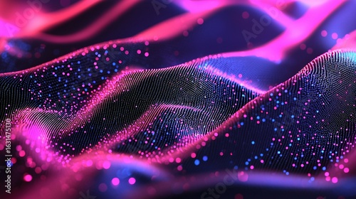 A detailed neon fluid wave abstract background. A microscopic view of tiny, glowing particles moving together to form a larger, coherent wave of light, representing data flow.