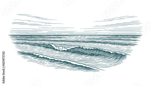 Engraved Ocean Waves Horizon with Clouds Sketchy Style Line Art Texture Vector Illustration