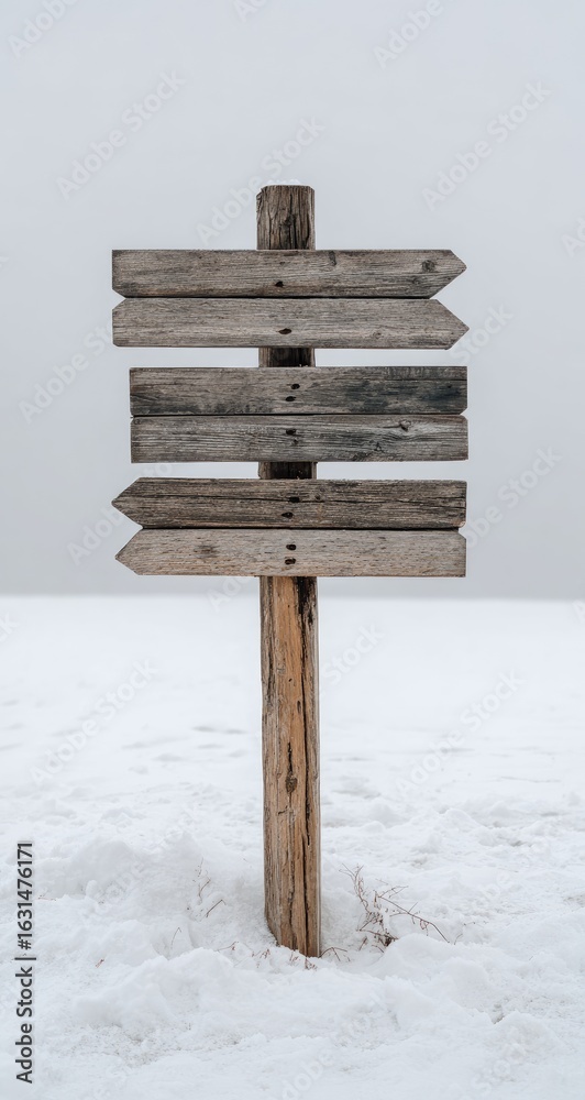 Naklejka premium Wooden directional signpost in snowy landscape