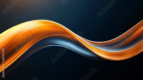 A vibrant neon fluid wave abstract background of liquid fire. Swirling waves of glowing orange and yellow light move and twist like a digital flame against a dark background.