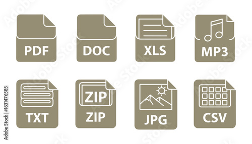File Type Icons Set Vector Illustration,Document Formats: PDF, DOC, XLS, MP3, TXT, ZIP, JPG, CSV, Vector Illustration.