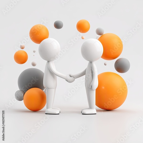 Two simple white figures shaking hands, surrounded by orange and gray spheres (1)