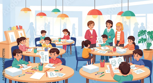 Children are drawing at tables in a classroom setting, with teachers supervising the art activity.