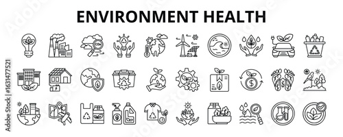 30 Environment Health Line Icons Vector - Green Energy, Pollution, protection, Climate Change, Conservation, Carbon Footprint