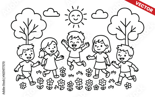 Children playing in the park on a sunny day, running and laughing surrounded by trees, flowers, and clouds, perfect for a fun and lively coloring book design