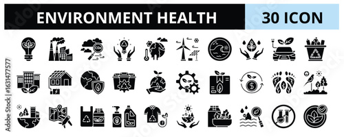 30 Environment Health Glyph Icons Vector - Green Energy, Pollution, protection, Climate Change, Conservation, Carbon Footprint