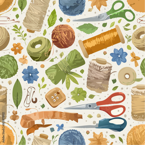 Crafting Dreams: A vibrant collection of sewing tools, yarns, buttons and flowers arranged in a seamless pattern, ideal for craft and hobby applications.