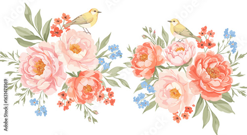 Delicate floral arrangement featuring peonies, forget-me-nots, and charming birds in a graceful composition