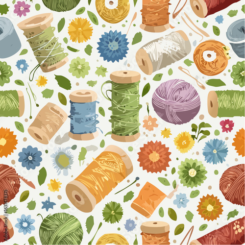 Seamless threads of creativity: A colorful tapestry of thread spools, yarn balls, needles, and delicate flower adornments forming a harmonious pattern, illustrating the art of crafting.