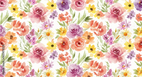 Watercolor floral pattern with roses, daisies, and greenery in soft pastel hues for a delicate background design