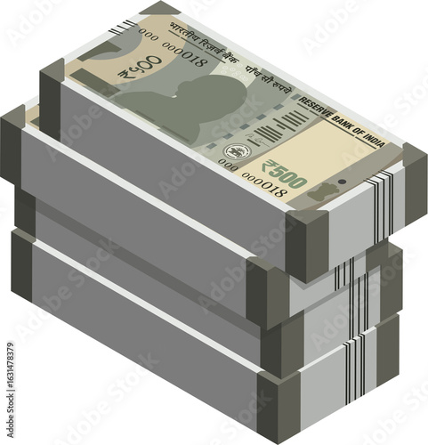 Slika na platnu Isometric stack of ₹500 Indian rupee banknotes, gray INR currency bundle with Re