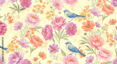 Romantic floral pattern featuring pastel peonies, cosmos, and bluebirds on a light yellow background, perfect for textiles