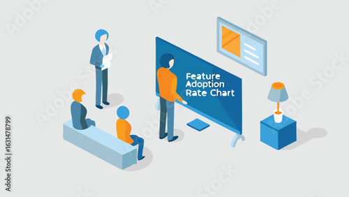 Presentation of feature adoption rate chart to an audience in isometric style illustration