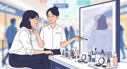 Two women interacting at a cosmetics counter, one demonstrating makeup application in front of a mirror.