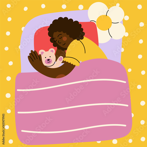  Girl peacefully sleeping in bed hugging teddy bear. Cozy bedtime scene in flat style. Night rest, comfort, childhood concept.